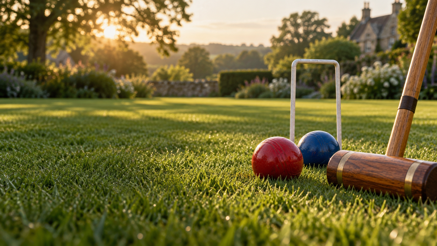 Houten croquethamer en gekleurde ballen op een zonnig gazon